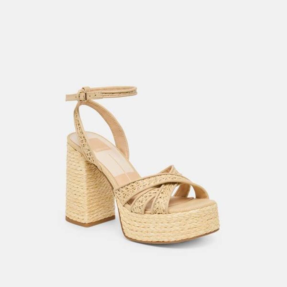 Dolce Vita Danila Platform Heels in Light Natural Cross Hatch Raffia 10